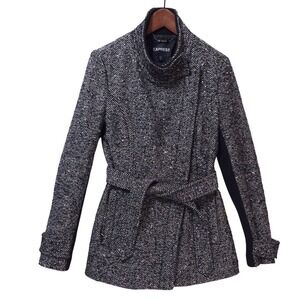 EXPRESS Tweed Belted Wool Coat Women's Sz M‎ Jacket Stand Collar Y2K Minimalist